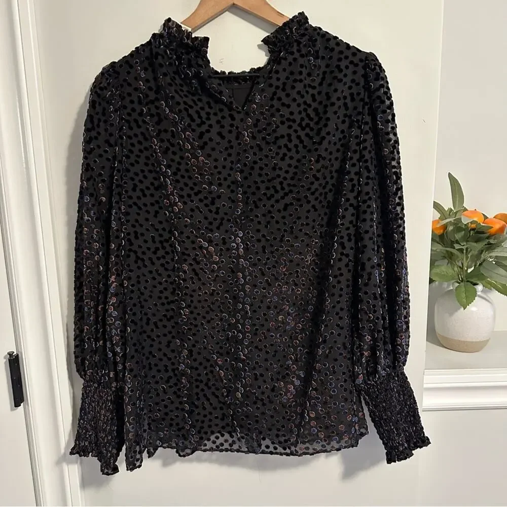 Anthropologie Shoshanna Black Brown Velvet Polka Dot Blouse Top Large